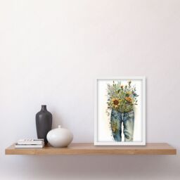 Artery8 Spring Wildflowers Bursting out of a Pair of Jeans Artwork Framed Wall Art Print A4 in White - thumbnail 2