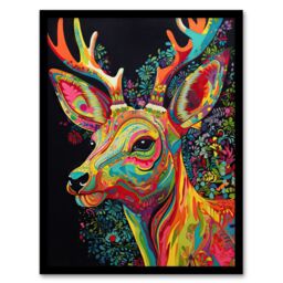 "Artery8 Wall Art Print Reindeer Rainbow Abstract Floral Pattern Stag Head Vibrant Bold Bright Colourful Painting Art Framed - Size: W12"" x H16""" - thumbnail 1