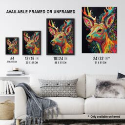 "Artery8 Wall Art Print Reindeer Rainbow Abstract Floral Pattern Stag Head Vibrant Bold Bright Colourful Painting Art Framed - Size: W12"" x H16""" - thumbnail 3