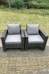Fimous 2 PC PE Wicker High Back Rattan Garden Arm Chair Dark Grey - thumbnail 1