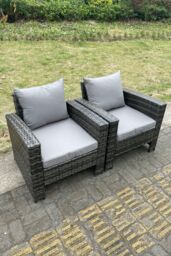 Fimous 2 PC PE Wicker High Back Rattan Garden Arm Chair Dark Grey - thumbnail 2