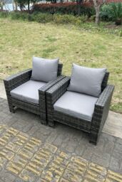Fimous 2 PC PE Wicker High Back Rattan Garden Arm Chair Dark Grey - thumbnail 3
