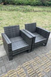 Fimous 2 PC PE Wicker High Back Rattan Garden Arm Chair Dark Grey - thumbnail 4