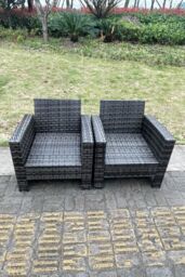Fimous 2 PC PE Wicker High Back Rattan Garden Arm Chair Dark Grey - thumbnail 5
