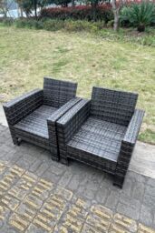 Fimous 2 PC PE Wicker High Back Rattan Garden Arm Chair Dark Grey - thumbnail 6
