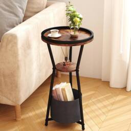 FORGEVIO Round Side Table, Small Drink Table for 3 Tier, Rustic Brown