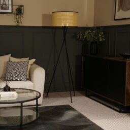ValueLights Camden Black Tripod Floor Lamp with Cane with Black Trim Lamp Shade in Natural - thumbnail 3