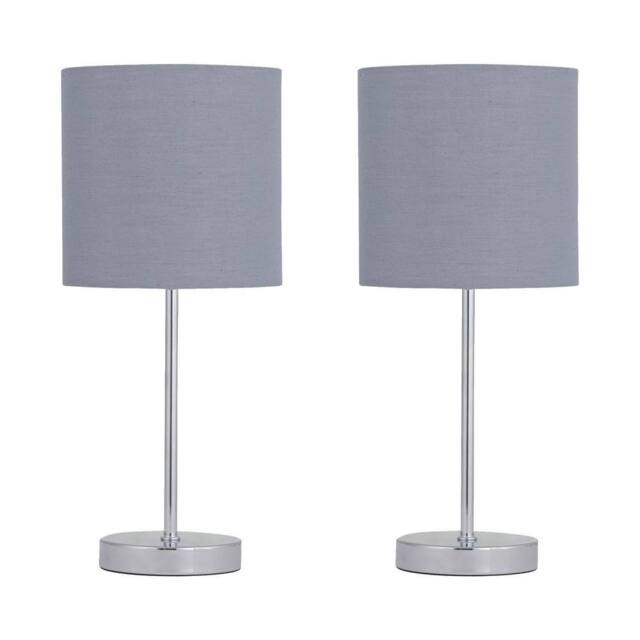 First Choice Lighting Set of 2 Chrome Stick Table Lamps with Grey Cotton Shades in Silver - image 1