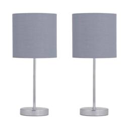 First Choice Lighting Set of 2 Chrome Stick Table Lamps with Grey Cotton Shades in Silver