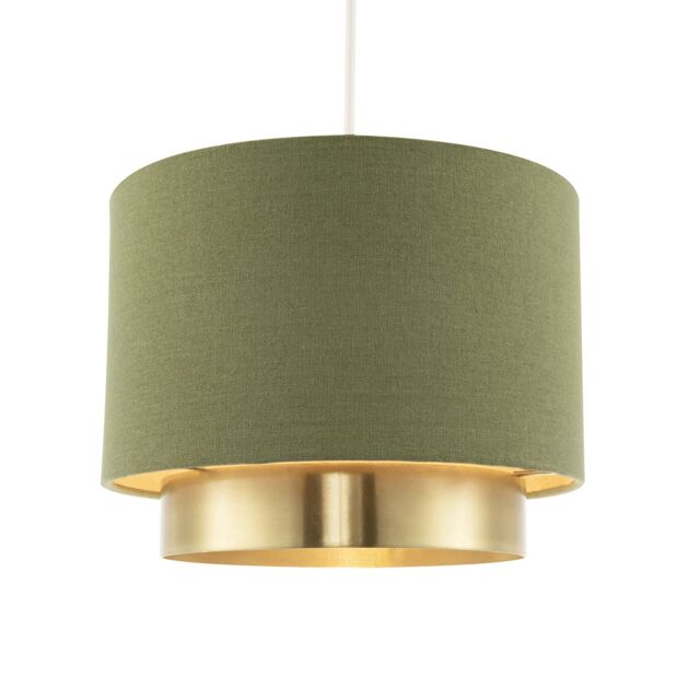 Happy Homewares Olive Green Linen Fabric Pendant Shade with Brushed Gold Metal Ring - image 1