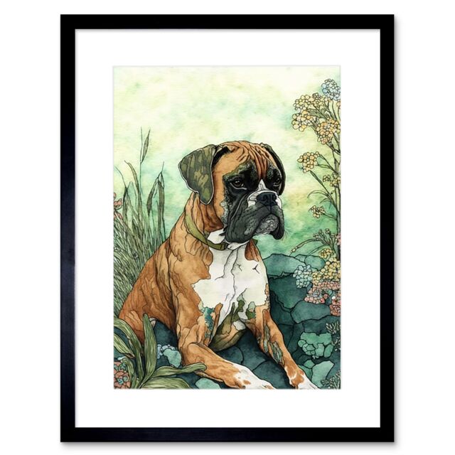 "Artery8 Wall Art Print Boxer Dog in Flower Field Colourful Watercolour Artwork Framed 9X7 Inch in Black - Size: W7"" x H9""" - image 1