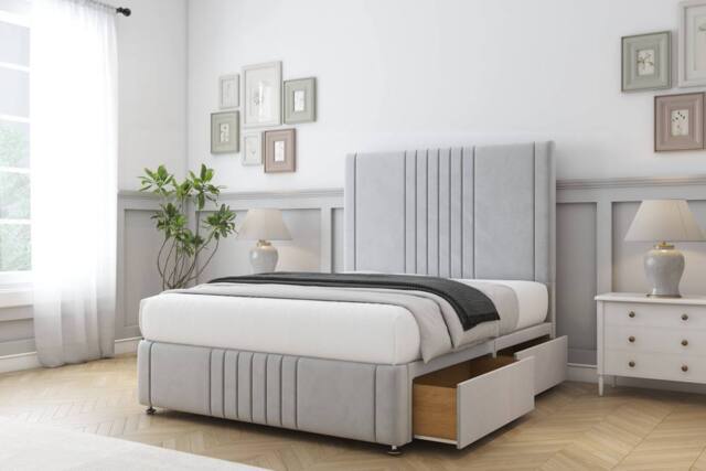 "Sloomy Harrington Plush Divan Set 4 Drawers-26"" Headboard-Footboard in Silver - Size: King" - image 1
