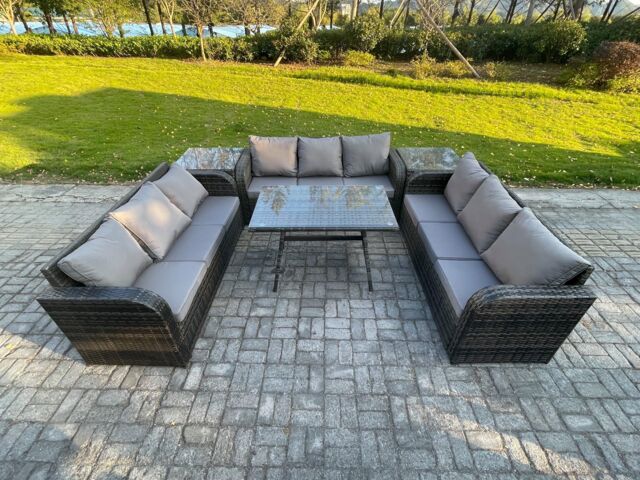 Fimous 9 Seater Wicker Rattan Garden Furniture Set with Rectangular Dining Table 2 Side Tables Patio Outdoor Lounge Sofa Set in Dark Grey - image 1