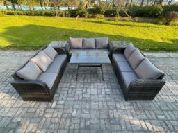 Fimous 9 Seater Wicker Rattan Garden Furniture Set with Rectangular Dining Table 2 Side Tables Patio Outdoor Lounge Sofa Set in Dark Grey - thumbnail 1