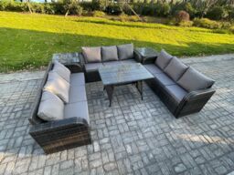 Fimous 9 Seater Wicker Rattan Garden Furniture Set with Rectangular Dining Table 2 Side Tables Patio Outdoor Lounge Sofa Set in Dark Grey - thumbnail 2