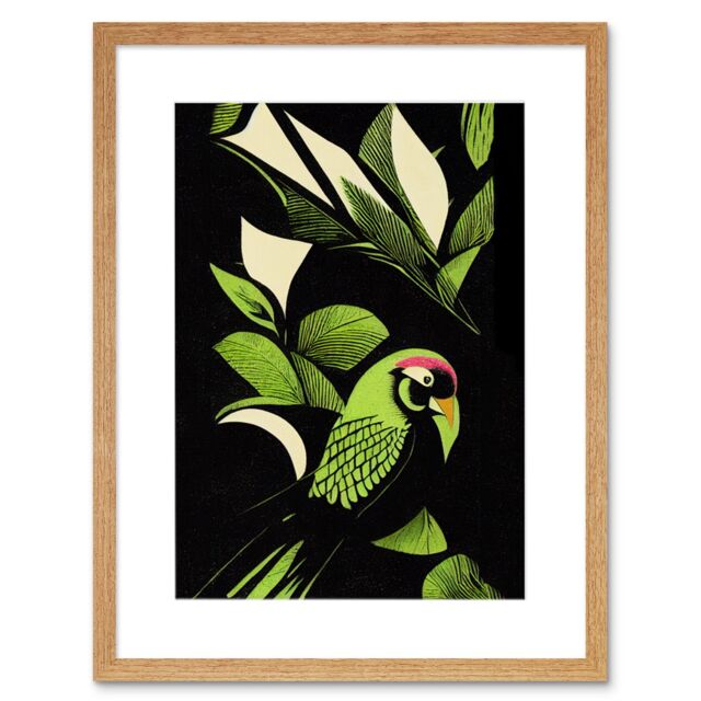 Artery8 Wall Art Print Vibrant Bright Lime Green Black Cream Jungle Leaf Pattern with Bird Modern Vintage Linocut Artwork Framed 9X7 Inch - image 1