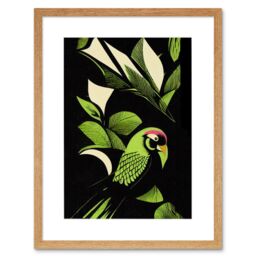 Artery8 Wall Art Print Vibrant Bright Lime Green Black Cream Jungle Leaf Pattern with Bird Modern Vintage Linocut Artwork Framed 9X7 Inch - thumbnail 1