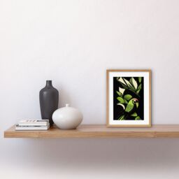 Artery8 Wall Art Print Vibrant Bright Lime Green Black Cream Jungle Leaf Pattern with Bird Modern Vintage Linocut Artwork Framed 9X7 Inch - thumbnail 2