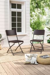 Living and Home Set of 2 Outdoor Rattan Plastic Folding Chairs in Brown - thumbnail 1