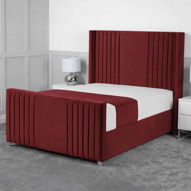 Living Comfort Bedz Emilia Plush Velvet Upholstered Bed Slatted Base with 48Inch Headboard in Maroon - Size: Small Double - image 1