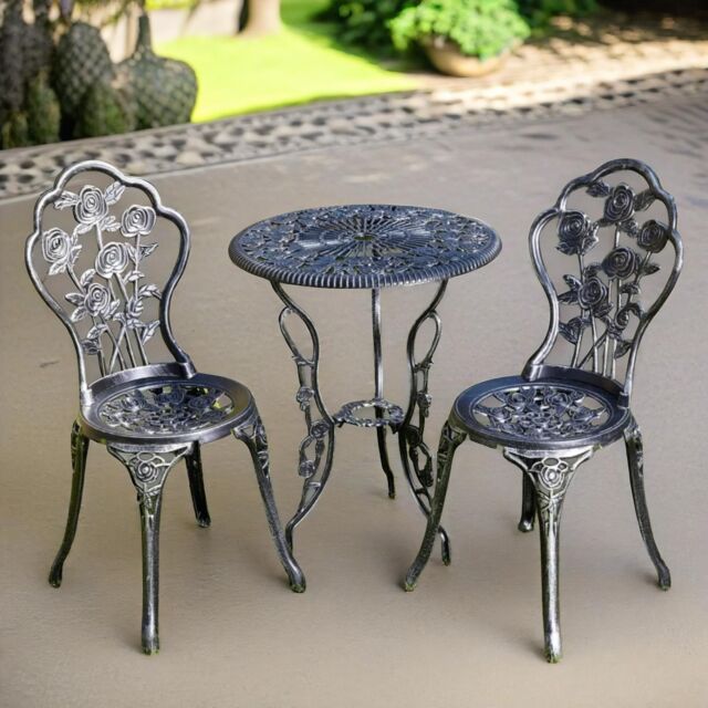 FURNOS Set of 3 Cast Iron Rose Floral Bistro Table & Chair in Grey - image 1