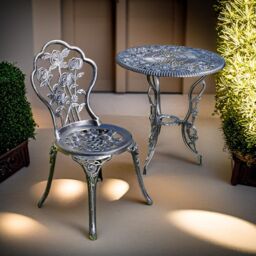 FURNOS Set of 3 Cast Iron Rose Floral Bistro Table & Chair in Grey - thumbnail 5