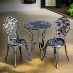 FURNOS Set of 3 Cast Iron Rose Floral Bistro Table & Chair in Grey - thumbnail 2
