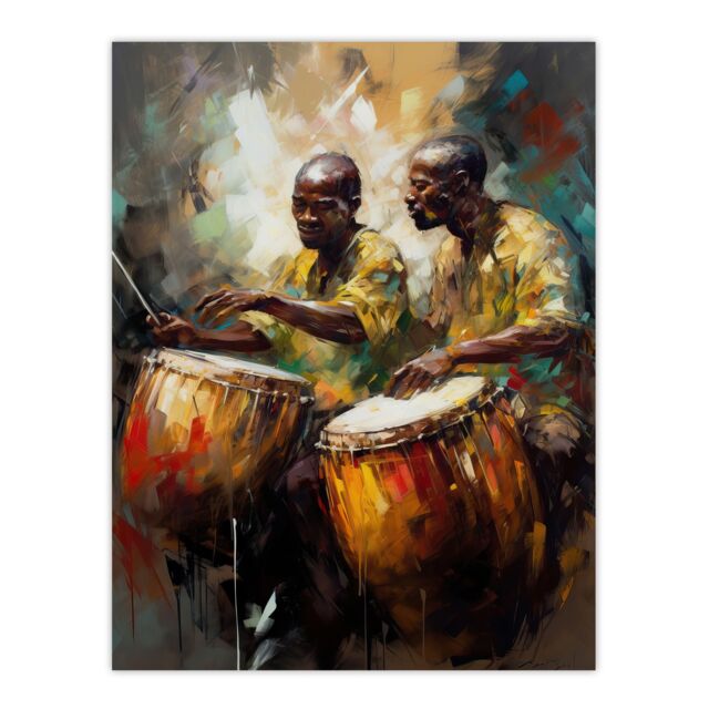 "Artery8 Wall Art Print African Drum Players Oil Painting Orange Yellow Blue Drummer Beat Traditional Music Songs Poster - Size: W18"" x H24""" - image 1