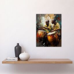 "Artery8 Wall Art Print African Drum Players Oil Painting Orange Yellow Blue Drummer Beat Traditional Music Songs Poster - Size: W18"" x H24""" - thumbnail 4