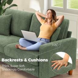 Dprodo 178CM Corduroy Seater Sofa with Extra Deep Seats in Green - Size: 1 Pack - thumbnail 4