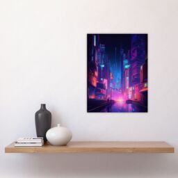 "Artery8 Synthpop City Modern Neon Futuristic Cityscape Blue Purple Unframed Wall Art Print Poster Home Decor Premium - Size: W12"" x H16""" - thumbnail 4