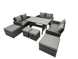 Fimous 10 Seater Outdoor Dining Table Double Seat Sofa 4 Stool Set in Dark Grey - thumbnail 2