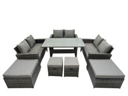 Fimous 10 Seater Outdoor Dining Table Double Seat Sofa 4 Stool Set in Dark Grey - thumbnail 1