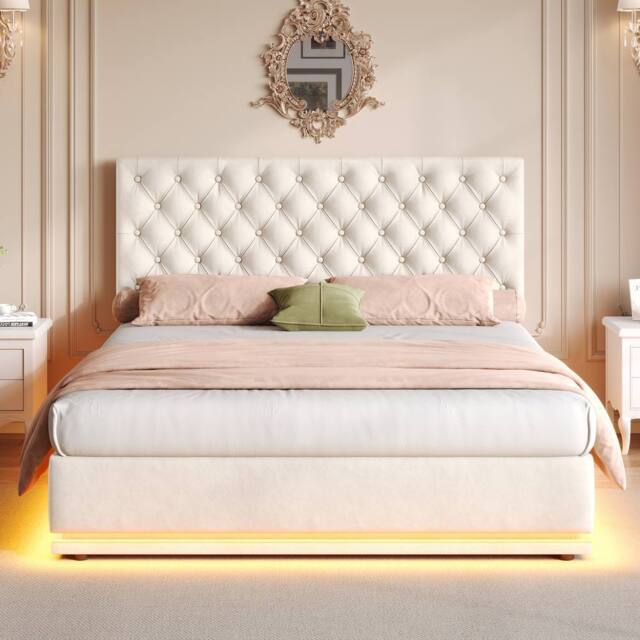 Merax 4ft6 Double Velvet Ottoman Bed with LED & Tufted Headboard in Beige - image 1