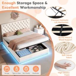 Merax 4ft6 Double Velvet Ottoman Bed with LED & Tufted Headboard in Beige - thumbnail 7