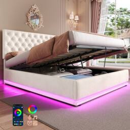 Merax 4ft6 Double Velvet Ottoman Bed with LED & Tufted Headboard in Beige - thumbnail 2