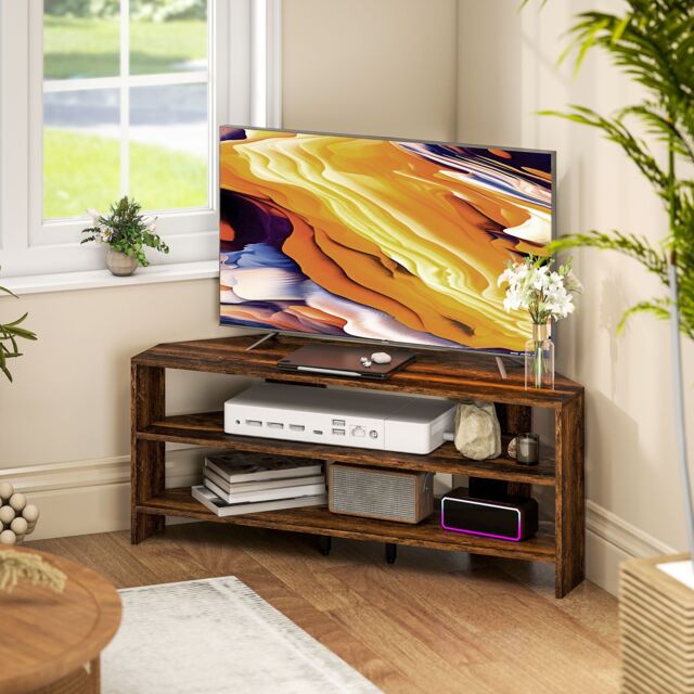 HOMCOM Corner TV Stand, TV Unit with Open Shelves for 47 Inch TV in Dark Brown - image 1
