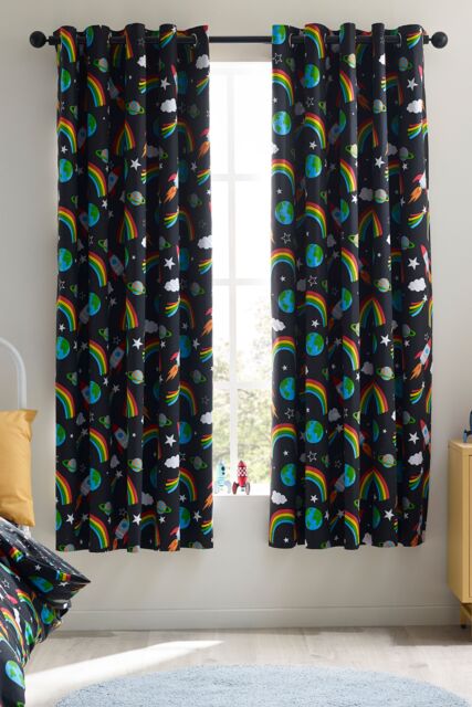 Catherine Lansfield 'Rainbow Rockets' Fully Reversible Eyelet Curtains in Black - Size: 168 cm width x 183 cm drop - image 1