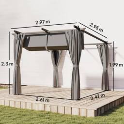 OUTSUNNY 3 x 3(m) Metal Pergola with Retractable Roof & Sidewalls, Light Grey - thumbnail 3