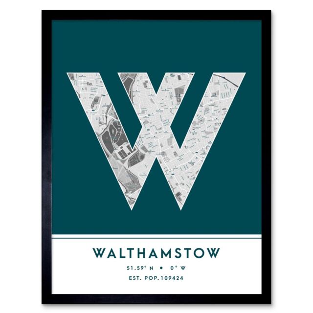 "Wee Blue Coo Wall Art Print Walthamstow England United Kingdom City Map Modern Typography Stylish Letter Framed Word in Teal - Size: W12"" x H16""" - image 1