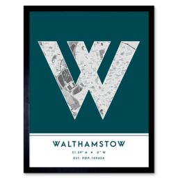 "Wee Blue Coo Wall Art Print Walthamstow England United Kingdom City Map Modern Typography Stylish Letter Framed Word in Teal - Size: W12"" x H16""" - thumbnail 1