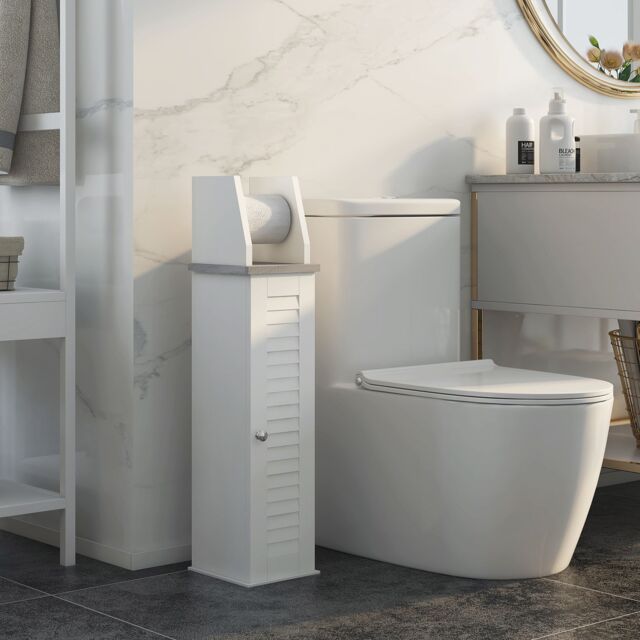 Kleankin Slim Bathroom Floor Cabinet with Cupboard Roll Holder Adjustable Shelf in White - image 1