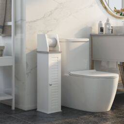 Kleankin Slim Bathroom Floor Cabinet with Cupboard Roll Holder Adjustable Shelf in White - thumbnail 1
