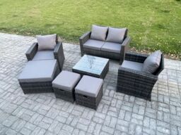 Fimous Rattan Wicker Garden Furniture Patio Conservatory Sofa Set with Square Coffee Table Armchair 2 Seater Sofa 3 Footstools in Dark Grey - thumbnail 2