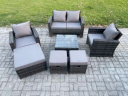 Fimous Rattan Wicker Garden Furniture Patio Conservatory Sofa Set with Square Coffee Table Armchair 2 Seater Sofa 3 Footstools in Dark Grey - thumbnail 1