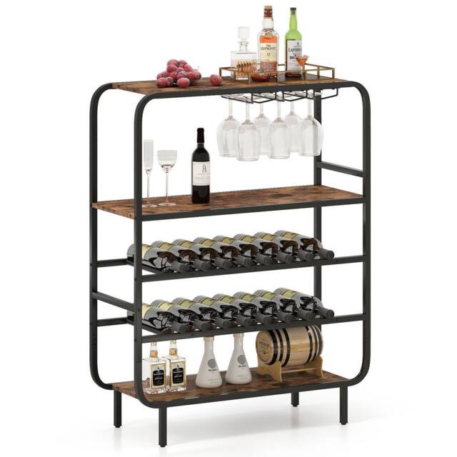 Gymax 5-Tier Metal Wine Rack 16 Bottle Floor Wine Shelf With Glass Holders in Brown - image 1