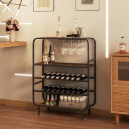 Gymax 5-Tier Metal Wine Rack 16 Bottle Floor Wine Shelf With Glass Holders in Brown - thumbnail 6