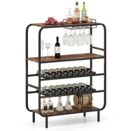 Gymax 5-Tier Metal Wine Rack 16 Bottle Floor Wine Shelf With Glass Holders in Brown
