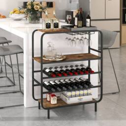 Gymax 5-Tier Metal Wine Rack 16 Bottle Floor Wine Shelf With Glass Holders in Brown - thumbnail 4