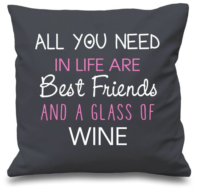 "60 SECOND MAKEOVER Cushion Cover All You Need In Life Are Best Friends & A Glass Of Wine 16"" x 16"" in Grey - Size: 40 cm x 40 cm"